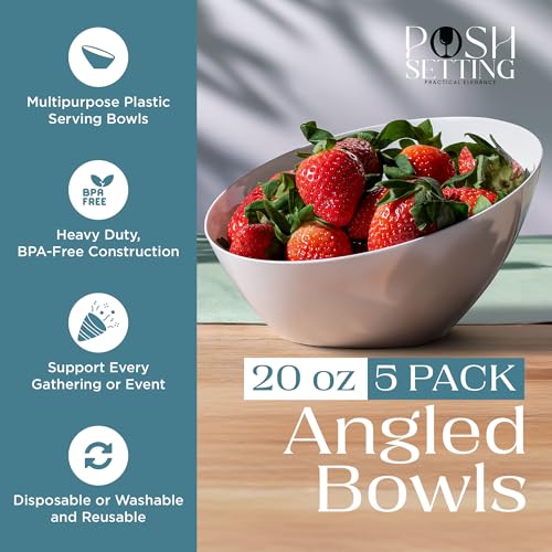 5 Pack White Angled Plastic Serving Bowl Disposable for Party Table 20oz | Angled Bowl Design. Chip, Candy, Salad & Fruit Use. Disposable Party Tableware. Buffet & Wedding Serving. White Plastic. - color: White, size: Medium 20 OZ