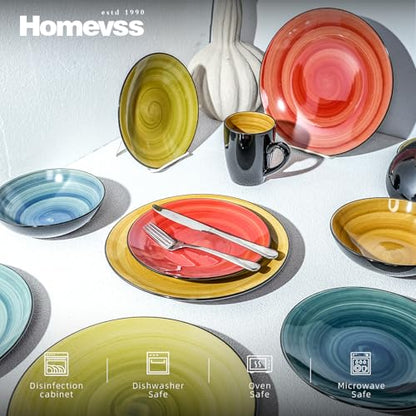 HomeVss Sonoma 16 Piece Stoneware Dinner Set, Outside Black + Inside Handpainted Mixed Colors Blue, Green, Red, Yellow with speckle - color: Combi Blue, Green, Red, Yellow