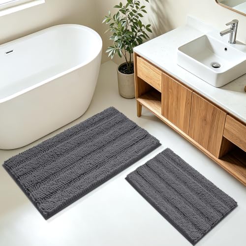 Striped Grey Bathroom Rug Mat Set 2 piece 32"x20"+24"x17" Ultra Soft, Non Slip Chenille Bath Rugs, Absorbent Plush Shaggy Bath Mats for Bathroom, Bedroom, Kitchen, Shower, Tub,Dark Gray, Charcoal - color: Dark Gray, size: 2'8"x1'8"+2'×1'5"