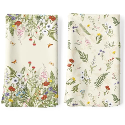 Boho Grass Tea Towels, 100% Cotton Kitchen Towels, Set of 2 | 18.9 x 27.5 in / 48 x 70 cm, Lightweight Woven Dish Cloth with Boho Grass Print for Kitchen Decor, Housewarming Gift - color: Grass