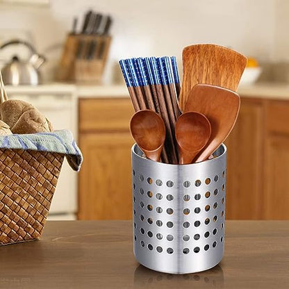 Stainless Steel Utensil Holder for Counter(2Pack), Brushed Silver Drying Metal Utensil Crock Canister for Cooking Utensils on Countertop, with Heavy Base, Dishwasher Safe, Silver