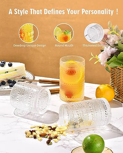 ISMASOAN Vintage Hobnail Drinking Glasses Set of 8, 14oz &12oz Cocktail Cup | Beaded glassware with vintage bubble texture. Highball cups for kitchen use, whiskey, juice, water, beer and daily drinks - style: Dewdrop Surface