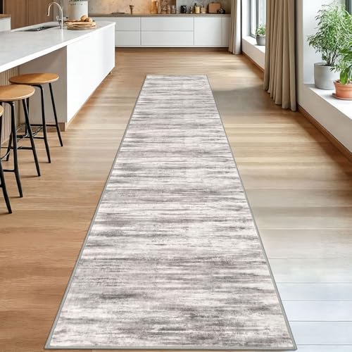 KOZYFLY Modern Abstract Washable Rug Runner 2.6x14 Hallway Rug Runner Non-Slip Soft Kitchen Runner Rugs, Grey/Light Beige/Brown Striped Carpet for Entryway Bathroom - color: Grey/Light Beige/Brown, size: 2'8" x 14' (Runner)