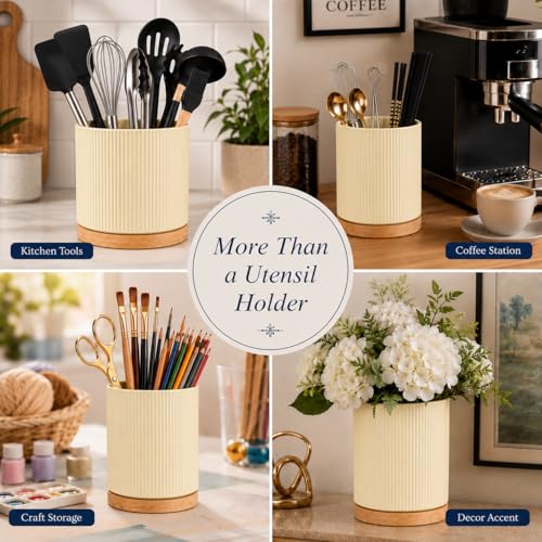 360° Rotating Ceramic Utensil Holder,Utensil Crock for Kitchen Counter | Kitchen Utensil Holder for Countertop with Rotatable Wooden Base,Ideal Housewarming Gifts & Mothers Day Gift-Yellow - color: Cream Yellow
