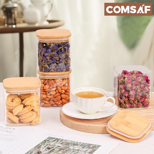 ComSaf Square Glass Containers with Lids 0.7 Qt, Set of 6 Pantry Galss Jars | Glass Storage Containers with Lids, Small Canisters, Spice Jar, Bamboo Lid with Silicone Seal, Size For Subpackage, BPA Free - size: 0.7Qt*4