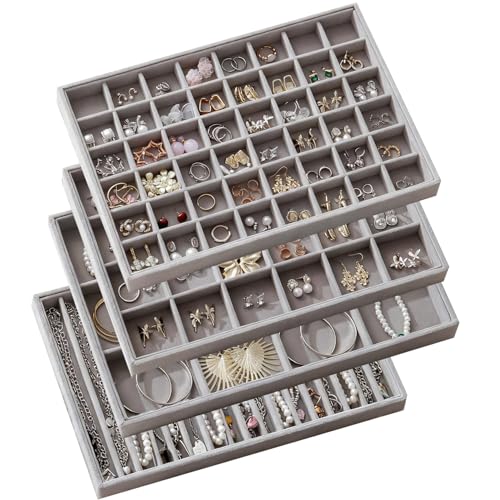 Large Velvet Jewelry Drawer Organizer Trays Set of 4 | Stackable Jewelry Trays Organizer Display Storage Showcase for Earring Necklace Bracelet Ring (Gray, 12+17+24+48 Grids) - color: Gray, size: 12+17+24+48 Grids