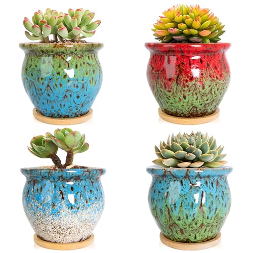 ARTKETTY Succulent Pots - 4 Pack Small Plant Pots with Drainage Tray | 4.5 Inch Ceramic Planters for Indoor Plants Colorful Cactus Flower Planter, Gifts for Women - color: 4.5'' Colorful 1