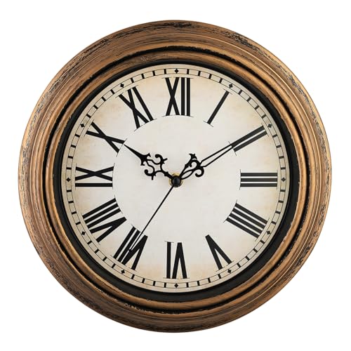 Plumeet Small Retro Wall Clock, 10'' Non Ticking Classic Silent Vintage Wall Clocks Decorative Kitchen Living Room Bedroom, Roman Numerals, Battery Operated - color: Copper Gold, size: 10''