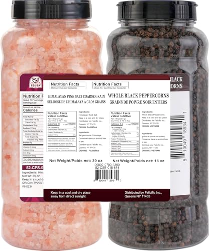 52USA Whole Black Peppercorn 18 Oz + Himalayan Pink Salt 39 Oz Coarse Grain | Salts and Pepper Grinder, Black Peppercorn Refil, Kosher, Pink Himalayan Sea Salt, 2 Piece Set