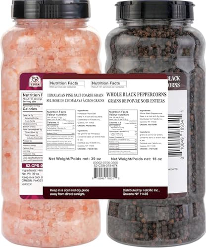 52USA Whole Black Peppercorn 18 Oz + Himalayan Pink Salt 39 Oz Coarse Grain | Salts and Pepper Grinder, Black Peppercorn Refil, Kosher, Pink Himalayan Sea Salt, 2 Piece Set