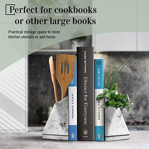 Marble Style Bookends - Decorative, Heavy Duty Book Holder for Shelves, Non Skid, Unique Design (White)