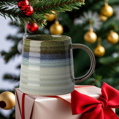 Ceramic Coffee Mugs, 16oz Large Pottery Tea Cup Mug with Handle, Wide Bottom, Transmutation Glaze Craft, Dishwasher & Microwave Safe for Home and Office (Green) - color: Green