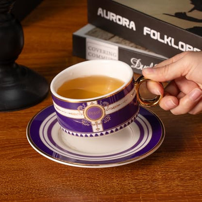 KAMMAK Tea Cups and Saucers Set of 2, Porcelain Coffee Cups, NX026 | Gold Rim, Stackable Espresso Mugs, Ceramic Demitasse for Coffee, Latte, Americano, Afternoon Tea, Elegant Gift for Women - size: 8CZNX026