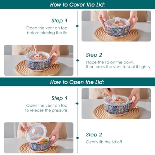 vancasso SIMI 36 oz Ceramic Bowls with Lids Set of 4,Bohemian Serving Bowl | 6 Inch Food Storage Containers Prep Bowls for Leftovers, Soup, Cereal, Meal Prep, Office Lunch, Microwave & Dishwasher Safe - size: 36 OZ (Set of 4)