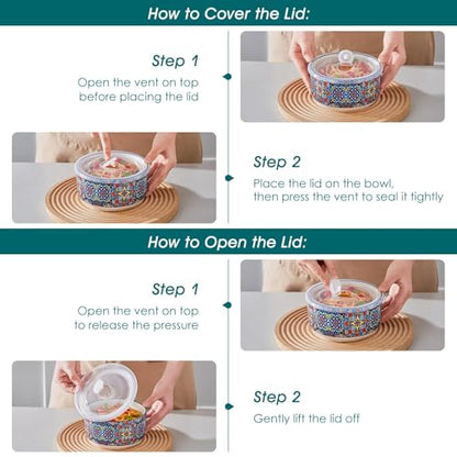 vancasso SIMI 36 oz Ceramic Bowls with Lids Set of 4,Bohemian Serving Bowl | 6 Inch Food Storage Containers Prep Bowls for Leftovers, Soup, Cereal, Meal Prep, Office Lunch, Microwave & Dishwasher Safe - size: 36 OZ (Set of 4)