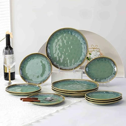 Henten Home Ceramic Appetizer Plate Set, 6.75 Inch Dessert Plates, Reactive Glaze Serving Plates for Snack, Sushi, Set of 4, Microwave & Dishwasher Safe (Green) - color: Green, size: 6.75 inch