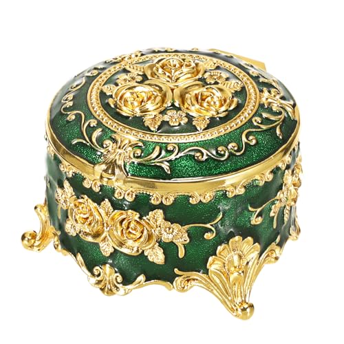 Hipiwe Vintage Metal Jewelry Box Small Ring Holder, Green with Gold Rose | Round Treasure Chest Keepsake Boxes, Trinket organizer for Earrings Necklace Gift for Women - color: Green, size: Small