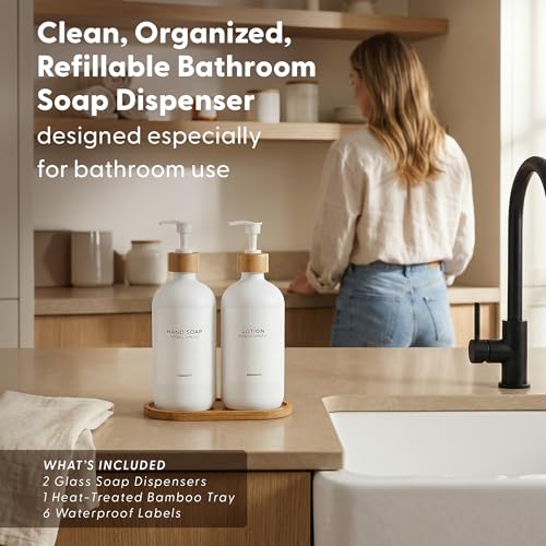 MaisoNovo Glass Soap Dispenser Bathroom Set of 2-16.9 oz Bathroom Soap Dispenser Set - White Glass Bottles x 2 with White Bamboo Pumps & Tray - color: White Bottles/ White Bamboo Pumps