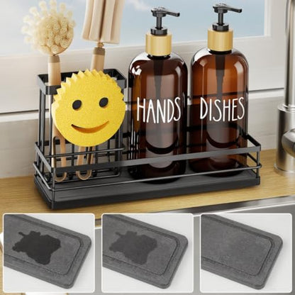 Moforoco Kitchen Dish Soap Dispenser Set, 16OZ Glass Bottle, Hand and Dish Soap Dispenser Set, Instant Dry Tray, Brush Holder with Smiley Face Sponge Holder (Black Tray+Amber Bottle) - color: Black Tray+amber Bottle