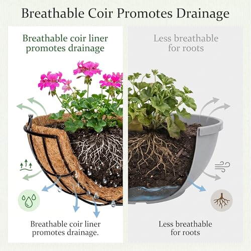 Kingbuy 12 Inch Metal Hanging Planter Basket 2 Pack - with Coconut Fiber Liners, Rustproof 3-Chain System, Quick Drainage for Indoor/Outdoor Window Balcony Patio, Weather-Resistant Coating - size: 12 Inch, style: Grid