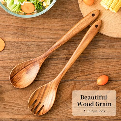 Gudamaye Acacia Wooden Salad Server Set,13 inch Salad Tongs for Serving including Salad Mixing Dinner Fork and Spoon,Long Handle Salad Server Set - color: Acacia