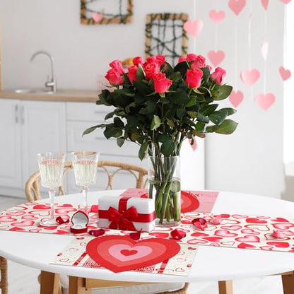 Xuhal 13 Pcs Valentine's Day Heart Boho Placemats and Table Runner Set 6 Sets Table Mats 11.8 x 78.7 Farmhouse Runner for Dining Kitchen(Heart Style) - style: Heart Style
