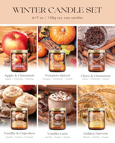 AOOVOO Fall Candles Set - 6 Pack Candles for Home Scented, 42 oz Natural Soy Wax 300 Hour Long Lasting, Fall Fragrance of Pumpkin/Apple Cinnamon/Clove/Vanilla Cupcake/Latte Cupcake/Wheat Vanilla - color: Fall Candles, size: Pack of 6