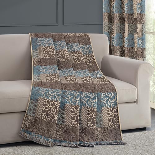 Loom and Mill Blue Patchwork Throw Blanket for Couch Sofa Bed, 52x72 Inches | Classic Thick Chenille Jacquard Bed Throws Soft and Cozy Velvet Fall Blankets with Fringes Trim for Couch Recliner Chair - color: Blue