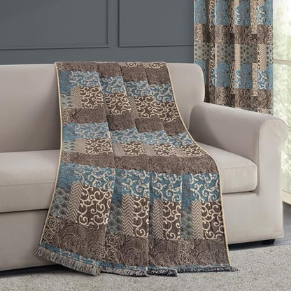 Loom and Mill Blue Patchwork Throw Blanket for Couch Sofa Bed, 52x72 Inches | Classic Thick Chenille Jacquard Bed Throws Soft and Cozy Velvet Fall Blankets with Fringes Trim for Couch Recliner Chair - color: Blue