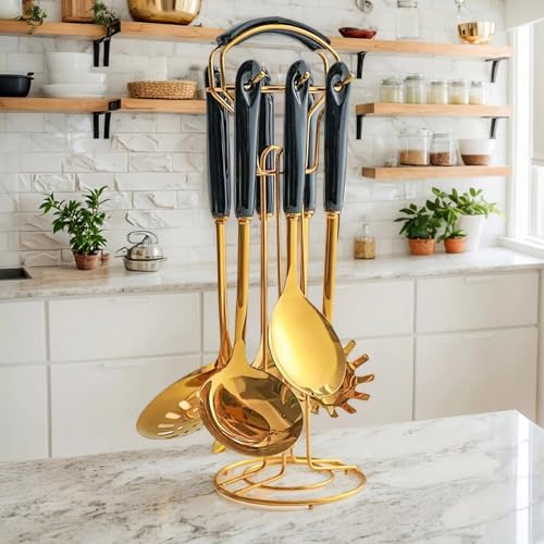 Novellus Stainless Steel Gold Kitchen Utensils Set with Holder, 7pcs Kitchen Accessories for Cooking, Household Utensils Includes Soup Ladle, Spatulas, Slotted Spoon, Pasta Spoon, Black & Gold - color: Black & Gold