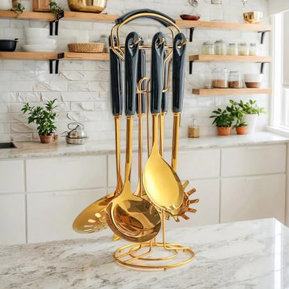 Novellus Stainless Steel Gold Kitchen Utensils Set with Holder, 7pcs Kitchen Accessories for Cooking, Household Utensils Includes Soup Ladle, Spatulas, Slotted Spoon, Pasta Spoon, Black & Gold - color: Black & Gold