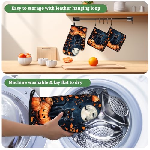 Black Cat Pumpkin Moon Oven Mitts and Pot Holders Sets 4 Pcs Silicone Halloween Kitchen Gloves Heat Resistant Potholders for Baking Grilling BBQ - color: Halloween Black Cat