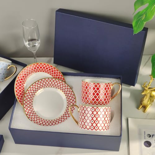 Coffee Cup and Saucer Set – Elegant Royal Blue Star Bone China Gold-Trimmed Tea Cup, Luxurious Metallic Accent Ceramic Cup (Red,2 Cups + 2 Saucers,Art Deco) - color: Red