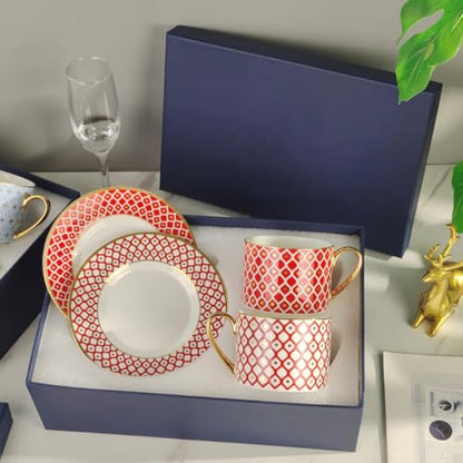 Coffee Cup and Saucer Set – Elegant Royal Blue Star Bone China Gold-Trimmed Tea Cup, Luxurious Metallic Accent Ceramic Cup (Red,2 Cups + 2 Saucers,Art Deco) - color: Red