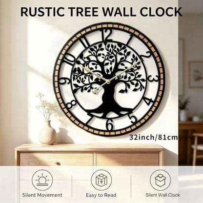 Large Wall Clock for Living Room Decor 32 Inch Tree of Life Metal Wall Art, Non-Ticking Battery Operated Metal Black with Solid Wood Frame for Office/Bedroom/Kitchen/Dining Room Decoration - size: B 32 Inch
