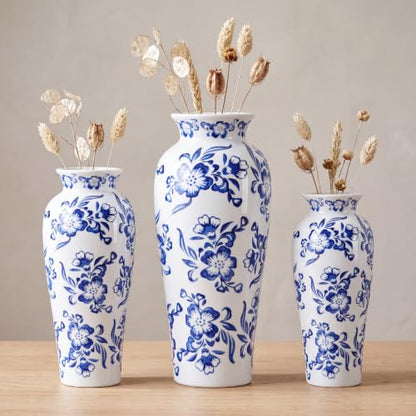 LemonRoad 3 Pack Chinoiserie Vases Porcelain Blue and White Vases for Flowers Pottery Chinoiserie Ceramic Vase for Living Room Mother's Day Decor Table Centerpiece, 6.7", 8.3", 10"(Lotus) - style: Lotus