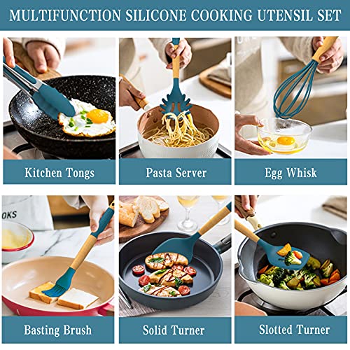 33 PCS Silicone Kitchen Utensils Set, Umite Chef Heat Resistant Cooking Utensils Set With Holder, Wooden Handle Kitchen Gadgets Tools Spatula for Nonstick Cookware