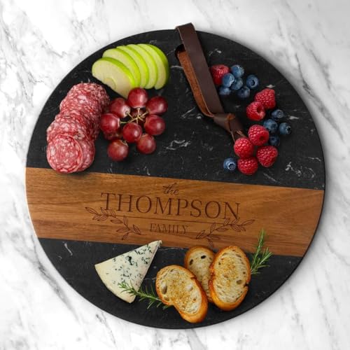 HomeWetBar Personalized Charcuterie Board | Custom 12" Round Black Marble & Acacia Wood Cheese Board | Perfect Housewarming + Wedding + Couples Gift Idea - style: Winslow Round Black Marble Board