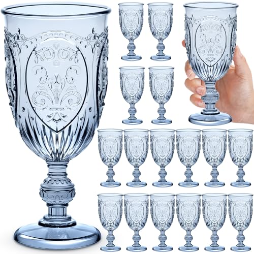 Wiwiqing 18 Pack Plastic Goblets 10oz Upgrade Vintage Water Goblet Plastic Wine Glasses Colored Retro Embossed Glassware for Party Wine Bar Juice Baby Shower Wedding Reception Grand (Blue) - color: Blue