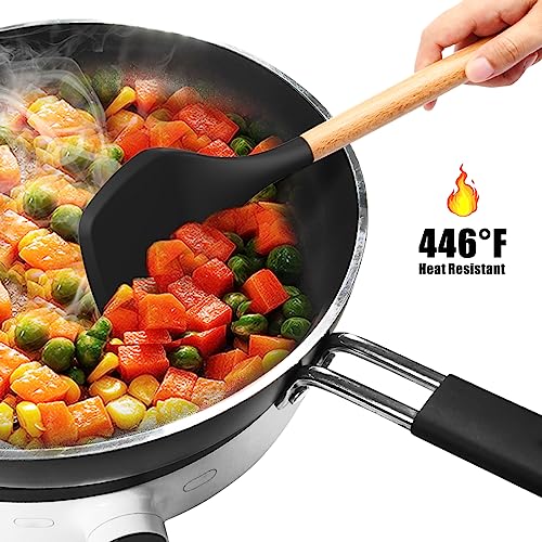 oannao Silicone Cooking Utensils Set - 446°F Heat Resistant Silicone Kitchen Utensils for Cooking,Kitchen Utensil Spatula Set w Wooden Handles, BPA FREE Gadgets for Non-Stick Cookware (Black) - color: Black