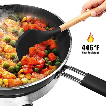 oannao Silicone Cooking Utensils Set - 446°F Heat Resistant Silicone Kitchen Utensils for Cooking,Kitchen Utensil Spatula Set w Wooden Handles, BPA FREE Gadgets for Non-Stick Cookware (Black) - color: Black