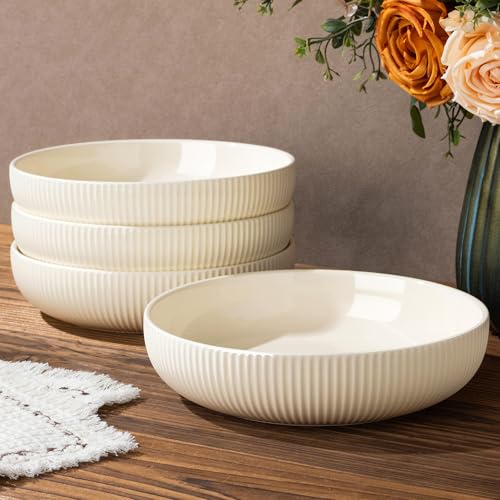 8.5" Ceramic Pasta Bowls Set of 4, Salad Bowls | Versatile Serving Bowls for Pasta, Salad, Fruit & Noodles, Housewarming & Wedding Gift, Beige - color: Beige, size: 8.5 Inch