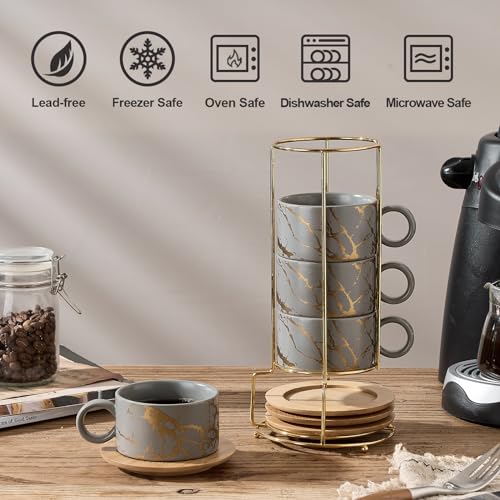 LUKA 6 Ounce Porcelain Stackable Espresso Cups with Saucers and Metal Stand Set of 4, Ceramic Cappuccino Cups Set for Specialty Coffee Drinks, Latte, Cafe Mocha and Tea, Gray - color: Gray