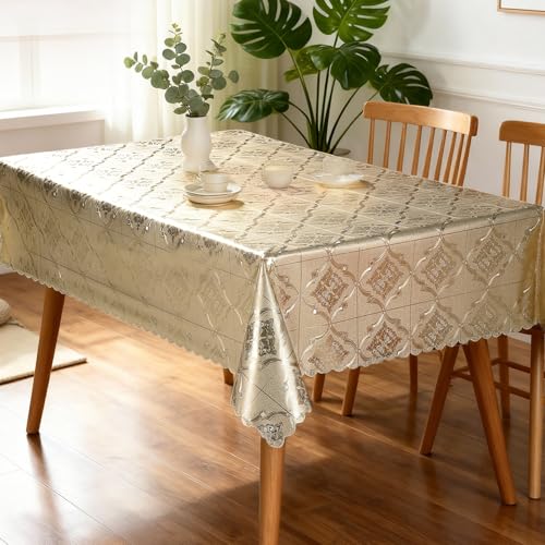 Rectangle Gold Tablecloth Heavy Duty Vinyl Tablecloths Waterproof Oil-Proof PVC Table Cloth Durable Wipeable Plastic Table Cover for Dining Camping Indoor and Outdoor (Gold Royal Moti,54" X 78") - color: Gold Royal Motif
