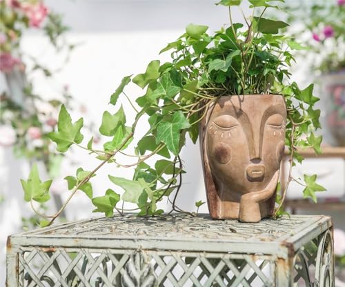 Saysmile Head Planters for Indoor Plants, Face Flower Pot Head Planter Succulent Planters Unique Face Planter with Drainage Hole - Rustic Thinking Girl Closed Eyes - color: Thinking - Rustic