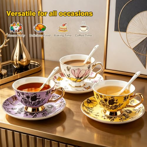 Tea Cup and Saucer Set, Floral with Gold Trim, 6.76 oz | Includes Spoon, British Style, Coffee & Latte Use, Party & Wedding Gifts, Christmas & Birthday Gifts - color: Butterfly01