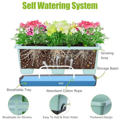 Window Box Planter 8 Pcs, 17 Inches Rectangle Flower Pots with Drainage Holes & Trays, Vegetable Planters for Windowsill Patio Garden Balcony Home Indoor Outdoor (Green, 16 * 7 * 6 inch) - color: Green