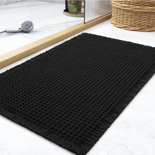 tchdio Waffle Bath Mat Rug, Super Absorbent Non Slip Bath Mats Ultra Soft Bathmat Machine Washable Bathroom Rugs with Tassels, Bath Rugs for Bathroom Floor Beside Tub, 24" x 36", Black - color: Black, size: 24" x 36"