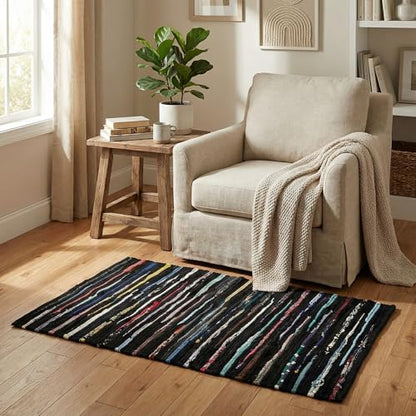 Chindi Kitchen Rug 2x3 Feet - Dark Multi | Cotton Small Throw Rugs for Entryway, Easy Care Black Hand Woven Mat - color: Dark Multi Hoisery, size: 2 x 3 feet