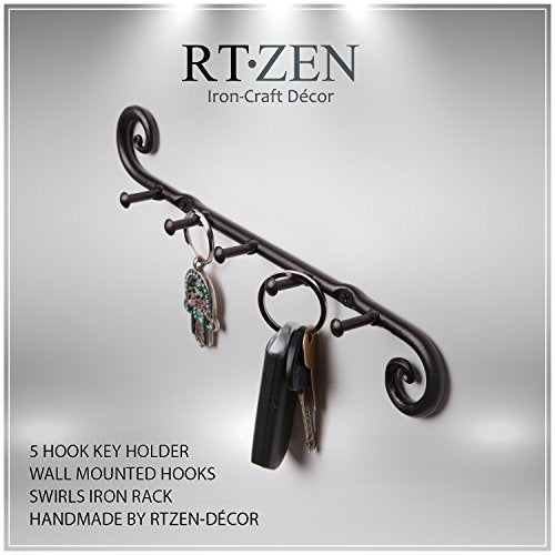 Farmhouse Small Key Holder for Wall, Wrought Iron Wall Mount Rack | Handcrafted Swirl Decorative, 5 Key Hooks for Home Entryway, Purse, Coat and Leash Holder or Organizer (Classic Black) - style: Classic